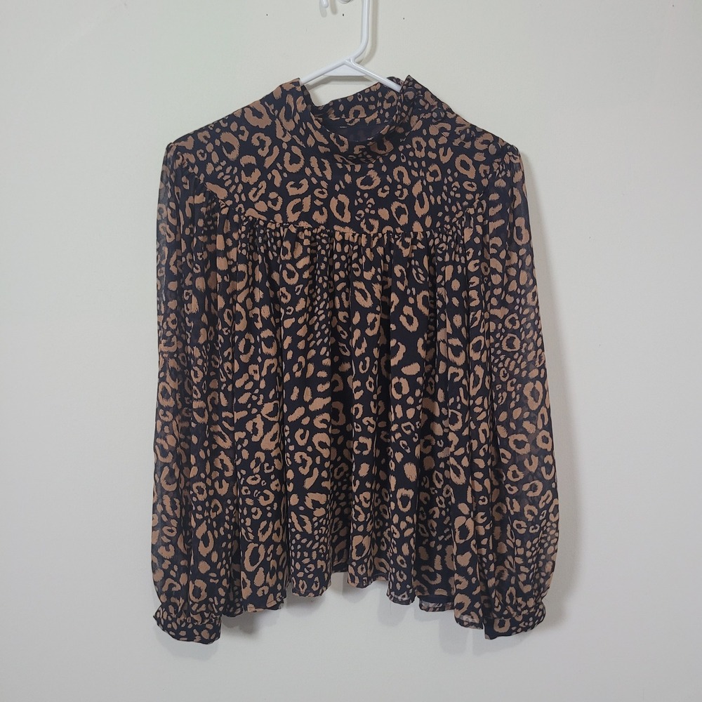 Ann Taylor XL Leopard Print Mock Neck Blouse‎ Womens Navy Tan Button Shoulder